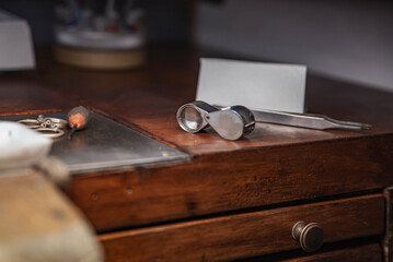 Tools for working with jewelry in the workshop close-up