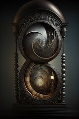 Spiral of time, dark hourglass clock. Passing of time concept. Fibonacci. Generative ai. 