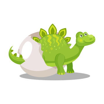 Stage of hatching dinosaur from egg cartoon illustration. Funny green dino or dragon in egg shell on white background