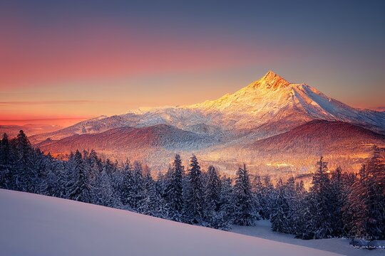 Winter landscape in sunset