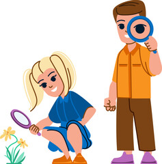 magnifier kid vector. child education, glass boy, little discovery, cute learning, explore, curiou, science childhood magnifier kid character. people flat cartoon illustration