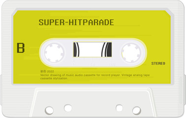 Obraz premium Vector drawing of music audio cassette for record player. Vintage analog tape cassette stylization. Super-hitparade.