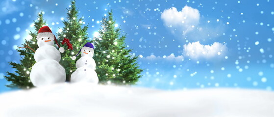 snowman ,winter landscape blue sky trees covered by snow ,white clouds in heart symbol ,snowflakes fall Christmas wonderland ,banner template ,background