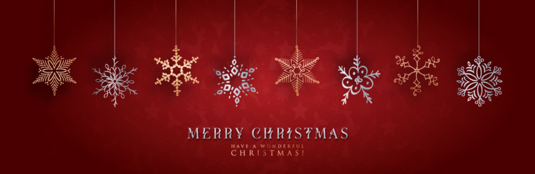 Merry Christmas and new year holiday banner with snowflakes and luxury silver typography. Xmas elements on red background. Stock vector illustration poster, cover, social media template, website
