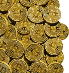 Bitcoin golden coins scattered texture pattern isolated on empty background. Crypto web 3 metaverse. Digital gold BTC treasure blockchain wallpapers. Design blank template