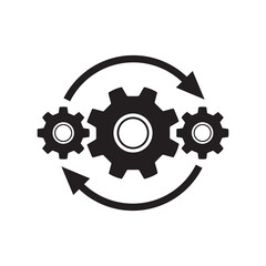 Gears wheel with arrows - concept black icon vector design. SEO creative logo sign. Exchange interaction symbol.