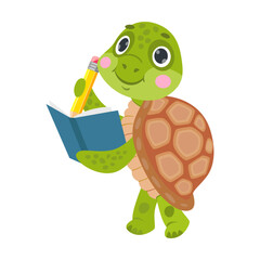 Turtle with a school notebook. Cute animal character studying cartoon illustration isolated on white background. Education, school concept