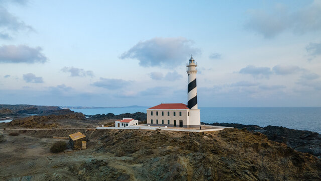 Drone aerial views of the European coast, Favarix lighthouse.