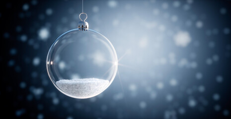 Obraz na płótnie Canvas Glass Christmas ball with snow inside against a dark snowy background - 3D illustration