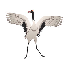 Stork bird cartoon illustration. Red crowned heron flapping wings. Stork or Japanese bird isolated on white background