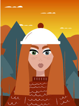 woman character with red hair on forest background illustration