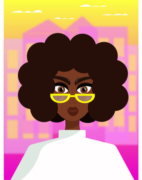 woman character african woman with glasses on the background of the city illustration