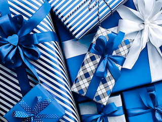 Holiday gifts and wrapped luxury presents, blue gift boxes as surprise present for birthday,...