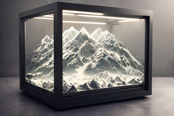 photorealistic snowy mountain in a sci-fi/knolling case - AI Generated