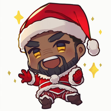 A cute chibi man with brown skin wearing a Santa hat, Christmas, created with Generative AI