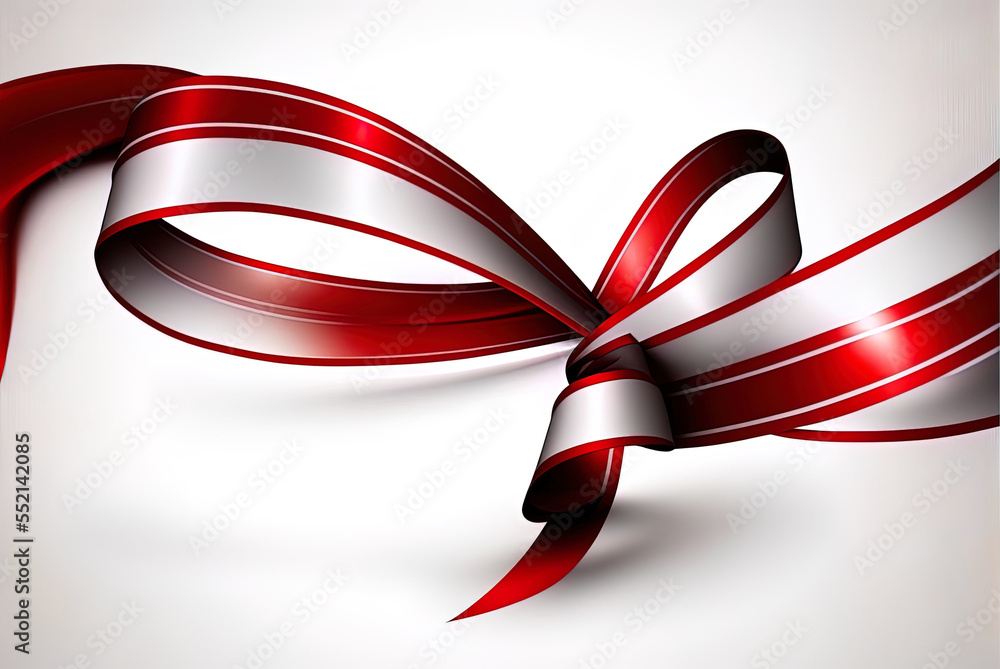 Poster Image of a glossy red ribbon on a white backdrop, with room for text Generative AI