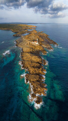 Drone aerial views of the European coast, Favarix lighthouse.