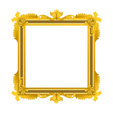 Vintage gold mirror frame cartoon illustration. Old ornate rococo or retro blank frame for paintings, pictures or photos