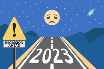 road 2023 with recession ahead warning sign and disappointed moon in starry night environment,concept vector illustration