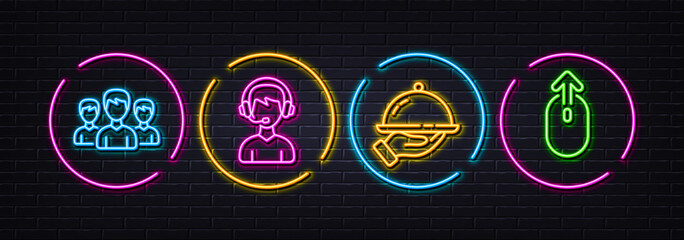 Naklejka premium Restaurant food, Group and Consultant minimal line icons. Neon laser 3d lights. Swipe up icons. For web, application, printing. Room service, Group of people, Call center. Scrolling page. Vector