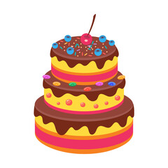 Tiered Glazed Cake. Cute birthday party element vector illustration. Cake, cupcakes, confetti, balloon, gifts for kids isolated on white background