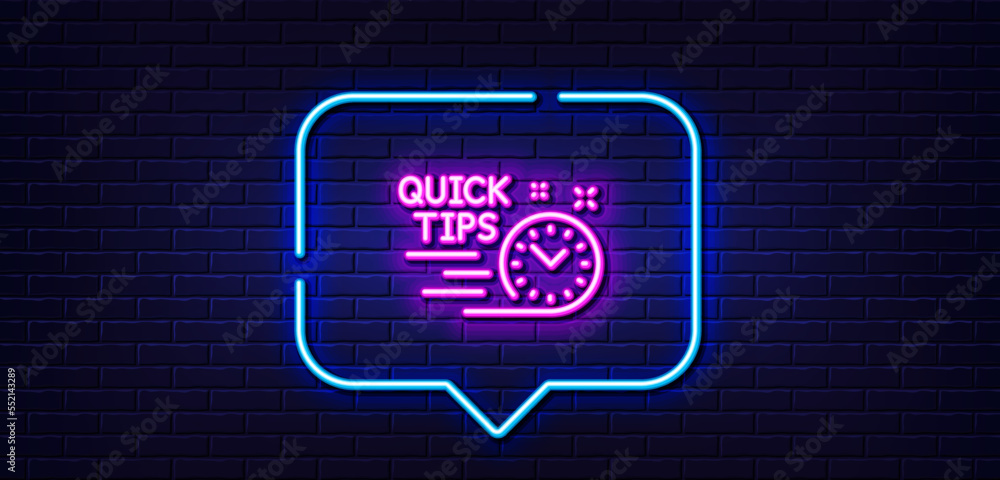 Poster neon light speech bubble. quick tips line icon. helpful tricks sign. tutorials symbol. neon light ba