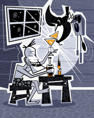 A man celebrates a holiday with a bird. Vector illustration.