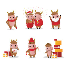 Set of cute cartoon cows wearing medical mask and Christmas costume and holding garland. Hand drawn vector illustration. Isolated on white