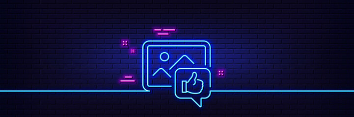 Neon light glow effect. Like photo line icon. Thumbs up sign. Positive feedback, social media symbol. 3d line neon glow icon. Brick wall banner. Like photo outline. Vector