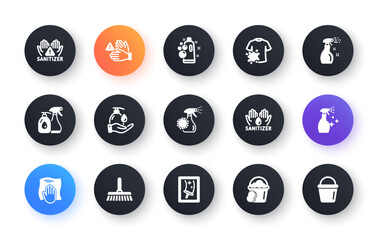 Minimal set of Dont touch, Cleaning spray and Dirty t-shirt flat icons for web development. Sponge, Coronavirus spray, Washing cloth icons. Washing cleanser, Clean bubbles. Vector