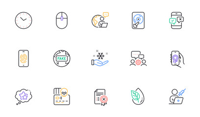Award app, Fingerprint and Phone survey line icons for website, printing. Collection of Time, Engineering team, Computer mouse icons. Freezing, Reject certificate, Cyber attack web elements. Vector