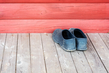 Dirty summer galoshes stand on the wooden floor near the red timber wall.