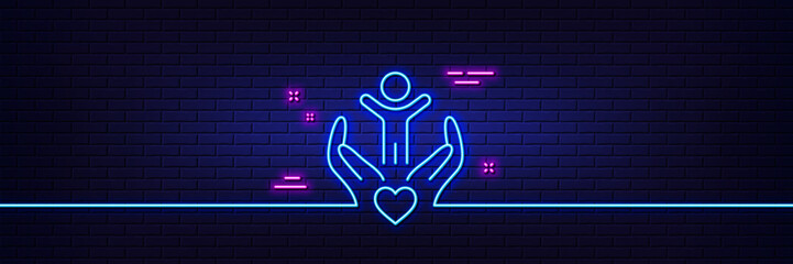 Neon light glow effect. Volunteer care line icon. Hospice service sign. Health insurance symbol. 3d line neon glow icon. Brick wall banner. Volunteer outline. Vector