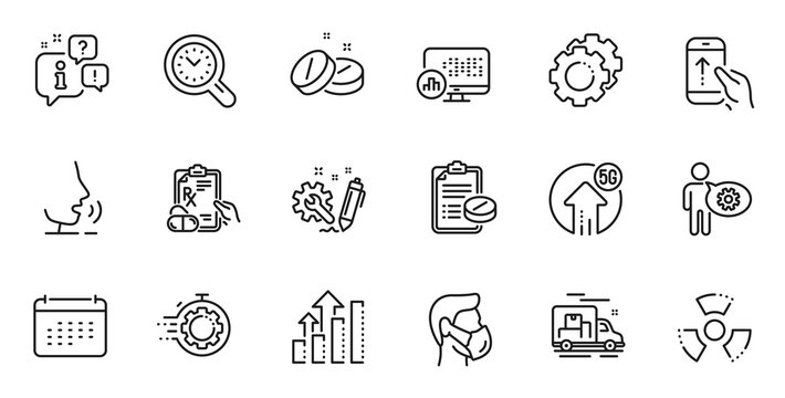 Outline set of Seo timer, Medical prescription and Analysis graph line icons for web application. Talk, information, delivery truck outline icon. Vector
