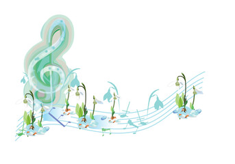 Spring music. Abstract treble clef decorated with birds, snowdrops, daffodils and other flowers. Hand drawn vector illustration.
