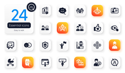 Set of People flat icons. Inclusion, User info and Video conference elements for web application. Id card, Person idea, Search employee icons. Wallet, Baby carriage, Foreman elements. Vector