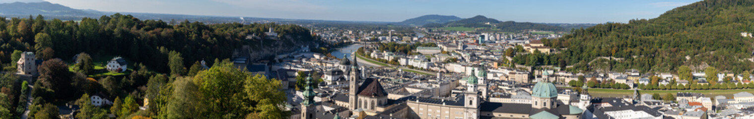 Fototapeta na wymiar Panoramic View of Salzburg Austria in Europe with the Salzach river