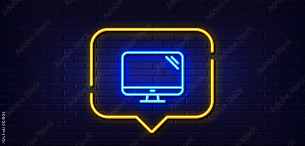 Poster neon light speech bubble. computer line icon. pc component sign. monitor symbol. neon light backgrou