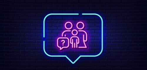 Neon light speech bubble. Family questions line icon. Question mark sign. People insurance symbol. Neon light background. Family questions glow line. Brick wall banner. Vector