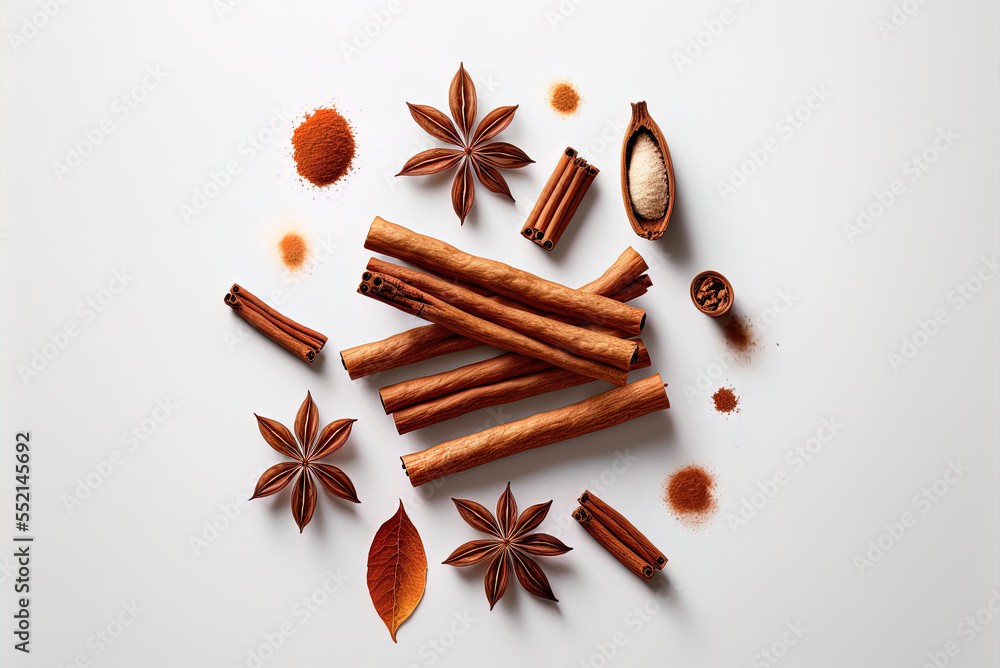 Poster sticks of fragrant cinnamon in front of a white backdrop. position of prominence; bird's-eye view. a