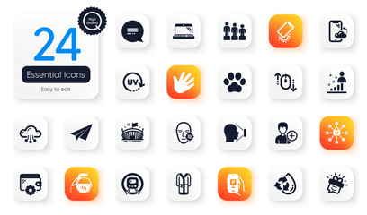 Set of Business flat icons. Hand, Wallet and Parking app elements for web application. Smile, Recycle water, Scroll down icons. Dog paw, Equality, Stats elements. Uv protection, Face id. Vector