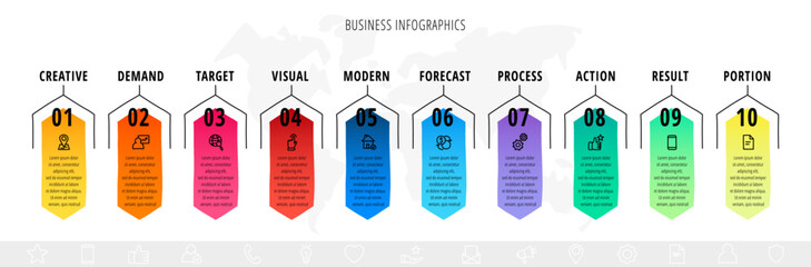 Vector illustration Infographics. Label design template with icons and 10 steps or options. Can be used for app, presentations, process, layout, banner, info graph.