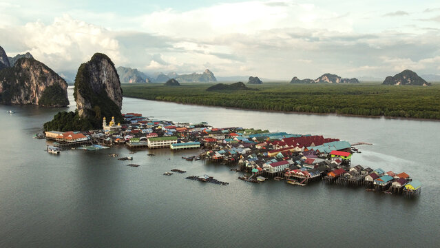 Aerial panorama view over floating fishing village Ko Panyi in souther of Thailand, Asia. Beautiful landscape.