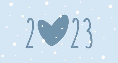 New year 2023. Numbers, heart silhouette, white falling snow. Vector illustration isolated on a light blue background. For postcards and invitations for the New Year holidays.