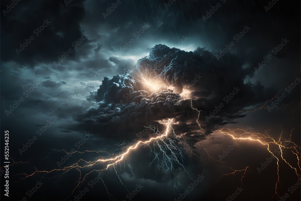 Poster a stormy dark sky with black clouds and sparkling lightning from behind which the sun and direct sun