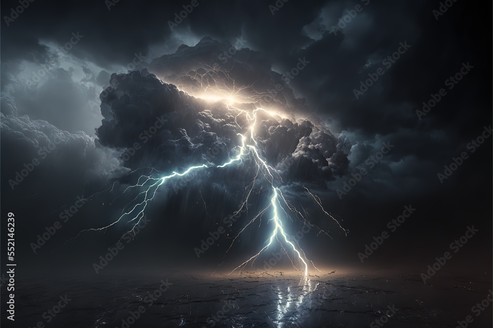 Poster a stormy dark sky with black clouds and sparkling lightning from behind which the sun and direct sun