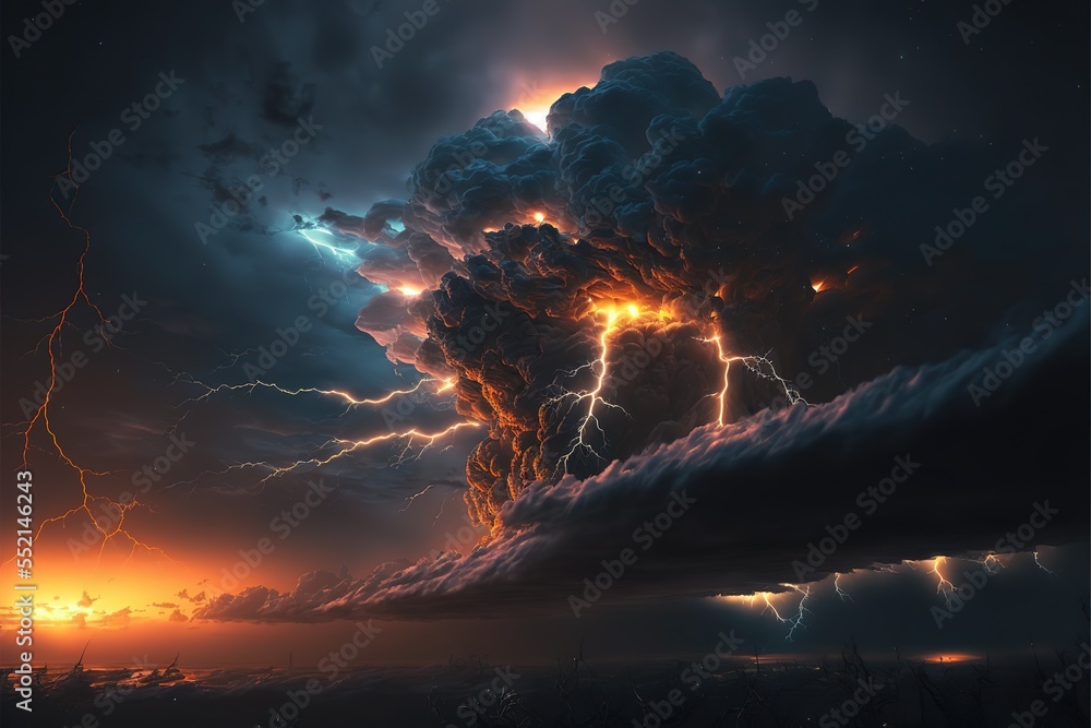 Poster a stormy dark sky with black clouds and sparkling lightning from behind which the sun and direct sun