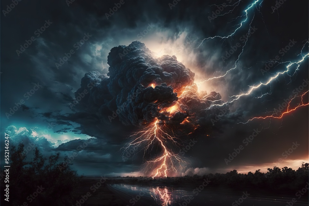 Poster a stormy dark sky with black clouds and sparkling lightning from behind which the sun and direct sun
