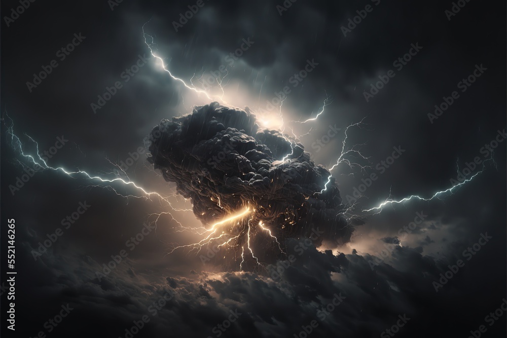 Poster a stormy dark sky with black clouds and sparkling lightning from behind which the sun and direct sun