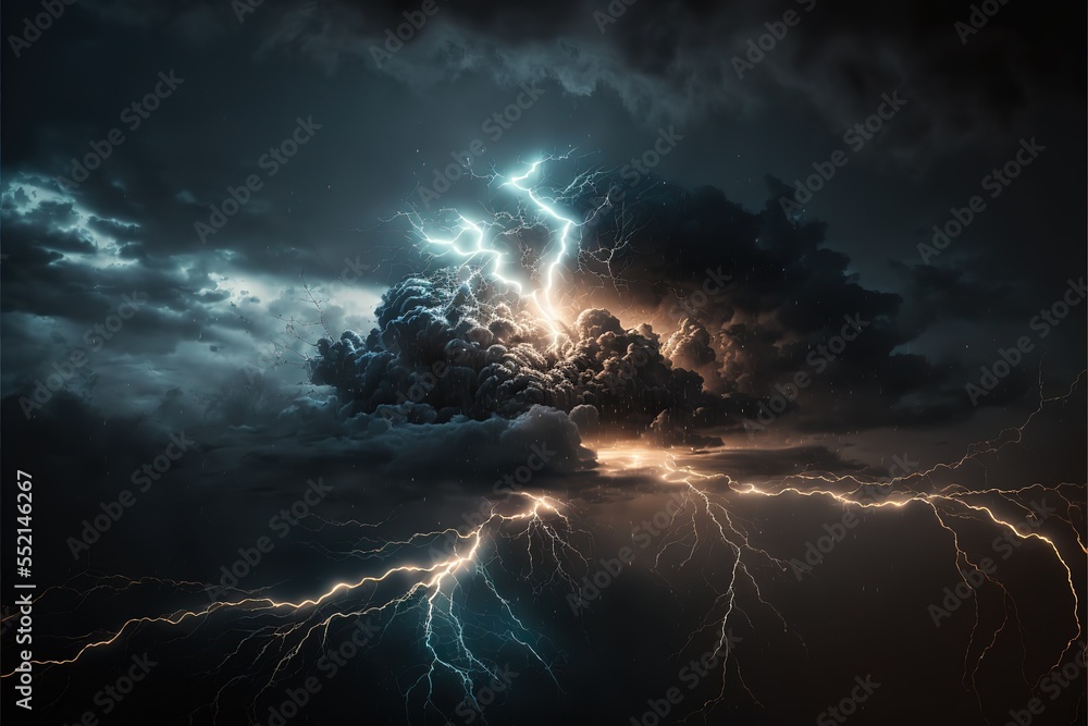 Poster a stormy dark sky with black clouds and sparkling lightning from behind which the sun and direct sun